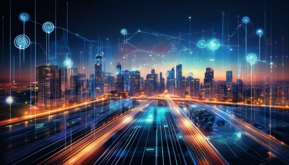 Obraz premium evening cityscape with smart grid technology in action
