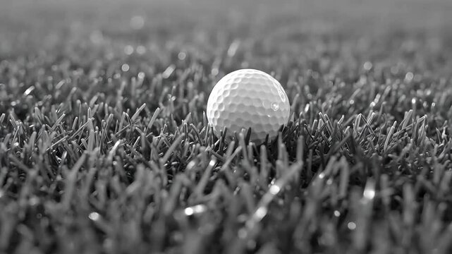 Monochrome close-up shot of a dimpled golf ball resting on thick, short-cut grass, focusing on sport and nature details