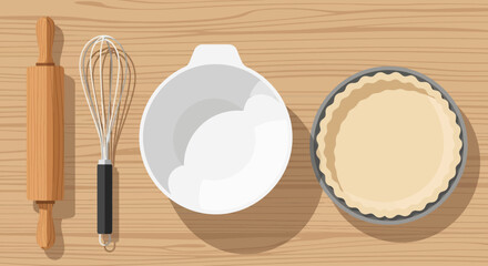 A clean flat design illustration featuring essential baking tools for making Thanksgiving pies, including a rolling pin and mixing bowl. This modern graphic is perfect for culinary and holiday-themed 
