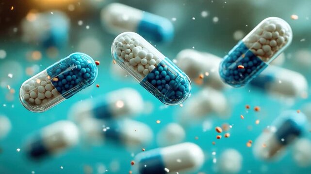A collection of pills suspended in mid-air, great for representing medication or healthcare concepts
