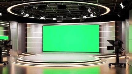 A blank Green Screen in an empty 3D rendered conference room interior displays technology, perfect for a virtual business studio design. AI Generated 4k