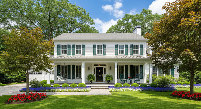 Stunning colonial home with vibrant landscaping and welcoming porch swing perfect for peaceful mornings.