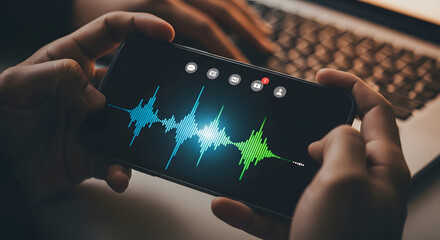 Hands holding smartphone displaying audio waveform visualization