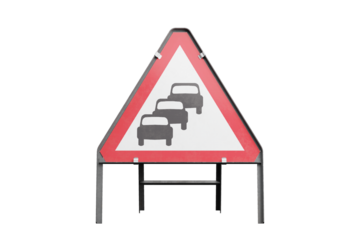 Traffic Queues Likely Ahead temporary triangular sign, isolated, front view