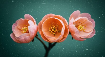 Delicate peach blossoms bloom against teal background, capturing the essence of spring's beauty and botanical wonder, perfect for elegant designs