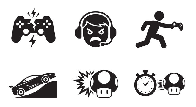 Collection of video game icons including a broken controller, angry gamer, and racing car isolated on transparent background