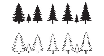 Obraz premium Silhouettes and outlines of pine trees of various sizes isolated on transparent background