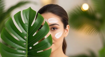 Young woman applying cream on face while hiding behind leaf  