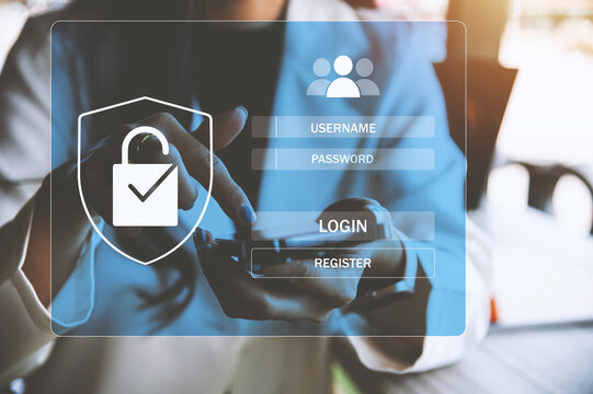 Cybersecurity Login Interface and Data Protection Concept,
A businesswoman using a smartphone with a transparent digital login interface overlay, showing username, password, and secure access icons.  - Powered by Adobe