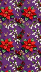 Obraz premium Festive christmas poinsettias on purple background floral pattern holiday decor vibrant close-up view