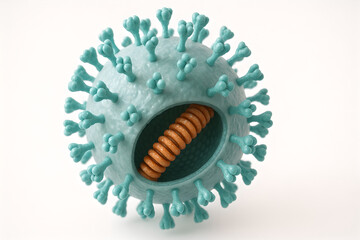 Photorealistic 3D medical illustration of Respiratory Syncytial Virus (RSV), spherical enveloped virion with glycoprotein spikes (F and G) and internal helical nucleocapsid, accurate ultrastructure
