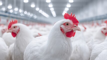 Fototapeta premium Smart livestock system, A flock of white chickens in a well-lit poultry barn, showcasing their distinctive features and the organized environment in which they are raised.