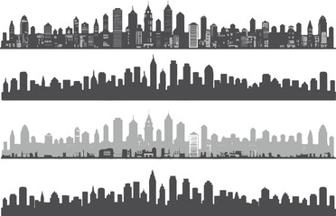 Fototapeta premium city skyline silhouettes horizontal vector pack four styles detailed solid and shaded urban skyline ai eps jpeg png