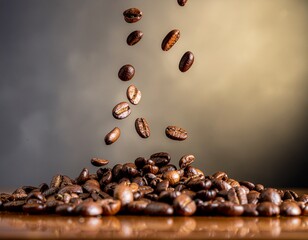 Falling roasted coffee beans on wooden surface with dark background