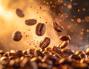 Flying roasted coffee beans with golden light and aromatic powder explosion