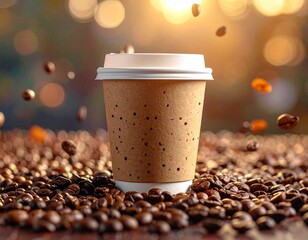 Takeaway coffee cup surrounded by roasted coffee beans in warm sunlight