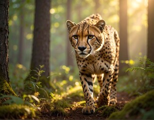 Cheetah walking confidently through forest with sunlight in background