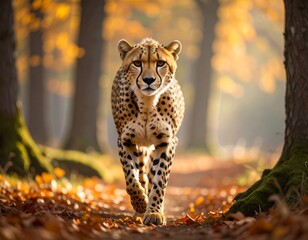 Cheetah walking confidently through autumn forest in golden sunlight