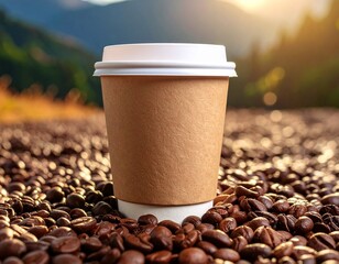 Hot coffee cup on roasted beans with mountain sunrise background