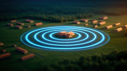 Fototapeta premium Smart livestock system, A digital representation of a rural area with a central house surrounded by concentric circles, symbolizing connectivity and technology in agriculture.