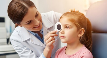 Woman pediatric optometrist examining girl eye with occluder. Child vision check up with ophthalmologist. Pediatric vision impairment and correction concept.