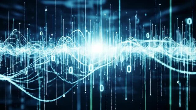 Glowing digital abstract with data flow. Light streaks, binary code and wave lines create visual data