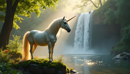 A beautiful white unicorn in a serene, mossy forest setting with a gentle waterfall in the background.
