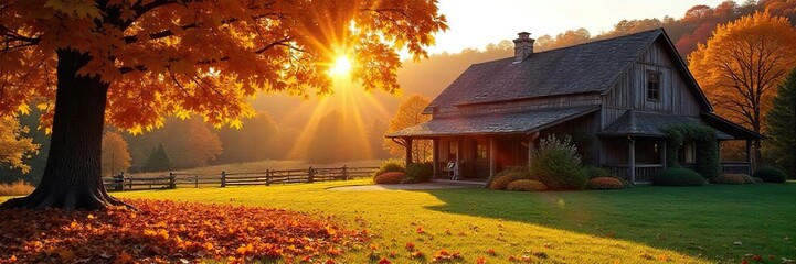 Golden Autumn Sunlight Bathes Rustic Winery, Leaves Cascade Over Building, Picturesque Harvest Scene