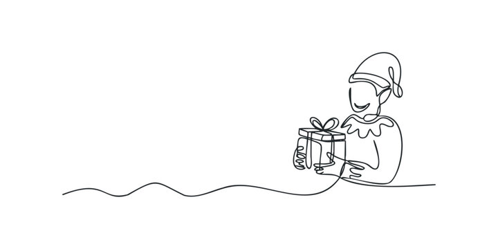 Single line drawing of a joyful elf holding a gift box