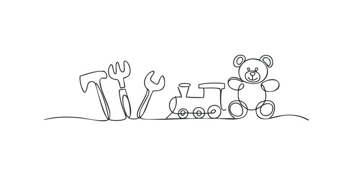 Fototapeta Continuous Line Drawing of Toys and Tools