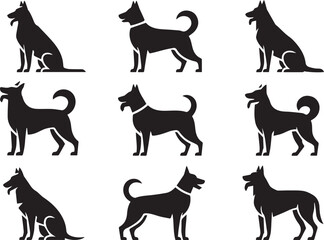 black dog silhouettes assorted poses sitting standing tails ears vector set for ai eps png