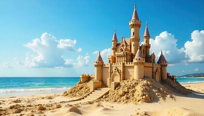 Majestic Sandcastle on Sunny Beach  Intricate Towers, Wide Moat, Childhood Wonder