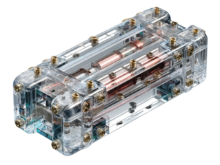 Technology Innovation: A detailed view of a transparent, futuristic electronic component, showcasing the intricate arrangement of technological elements and sophisticated design