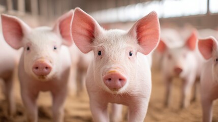 Smart livestock system, A group of curious piglets in a barn, showcasing their playful and inquisitive nature, with a focus on one piglet in the foreground.