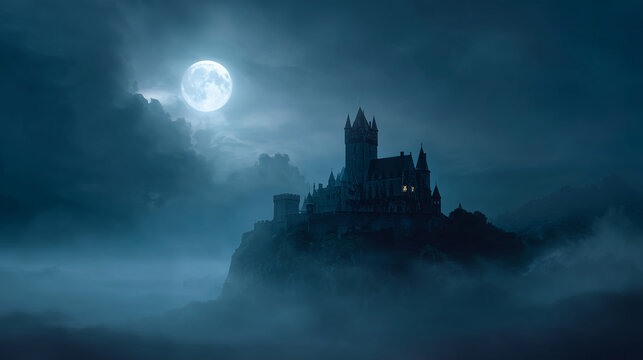 A dark gothic castle atop a misty cliff at night with a full moon