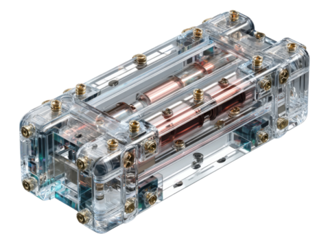 Technology Innovation: A detailed view of a transparent, futuristic electronic component, showcasing the intricate arrangement of technological elements and sophisticated design