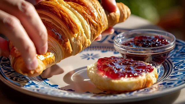 A plate of croissants and jam is on a table. The croissants are golden brown and the jam is in a small bowl. The plate is blue and white