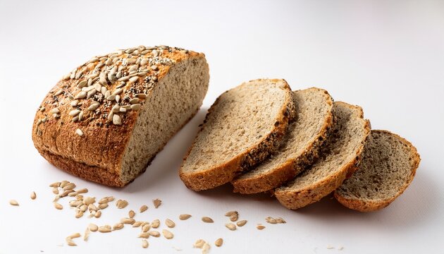 Freshly Baked Multigrain Bread Loaf With Slices And Seeds On White Background Healthy Homemade Bakery Product For Breakfast Or Snack White Background