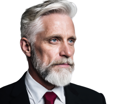 Distinguished Dignity: Portrait of an elegant senior man with a striking silver beard and sophisticated gaze, radiating wisdom and timeless style.