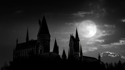 Fototapeta premium Spires and towers of a gothic castle silhouetted against a moonlit sky