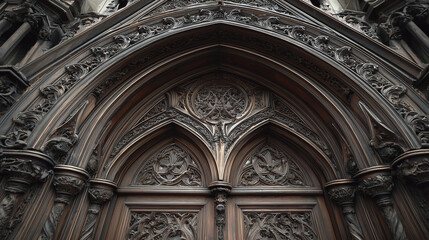 Fototapeta premium Close-up of castle gates with intricate gothic carvings