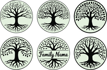 elegant tree of life family emblem set with roots branches circular silhouettes customizable family name
