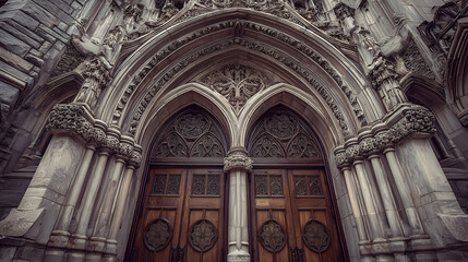 Fototapeta premium Close-up of castle gates with intricate gothic carvings