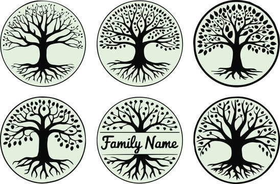 elegant tree of life family emblem set with roots branches circular silhouettes customizable family name
