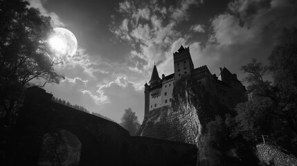 Fototapeta premium A full moon behind Draculaâs castle casting dramatic shadows