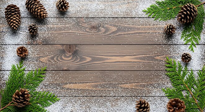 Rustic wood background with pine cones and evergreen branches