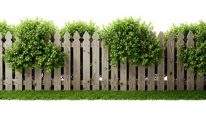Fototapeta premium Wooden fence with green bushes isolated on transparent background