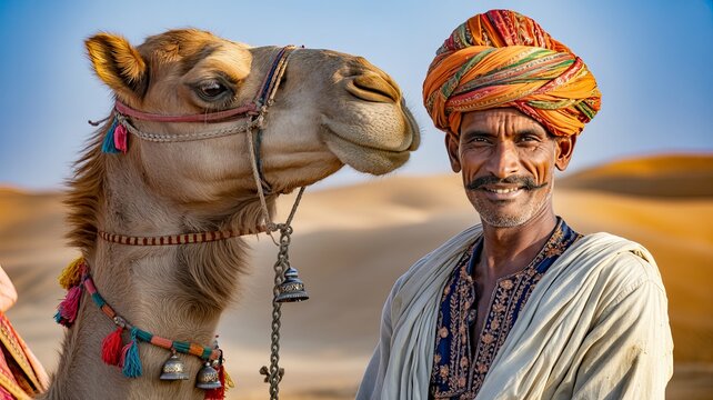 Rajasthani male camel herder with traditional turban &ndash; close-up desert portrait featuring camel and ethnic attire, Pushkar region atmosphere