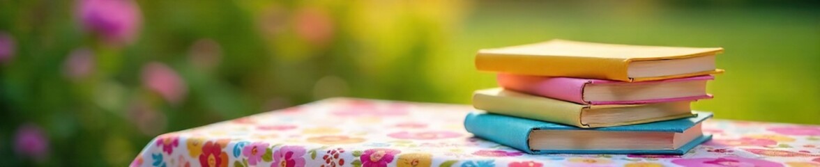 Colorful Spring Books Stacked on Floral Tablecloth, Ready for Relaxing Sunlit Reading