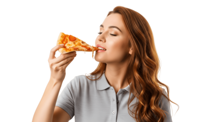 Woman eating pizza isolated on transparent background with eyes closed